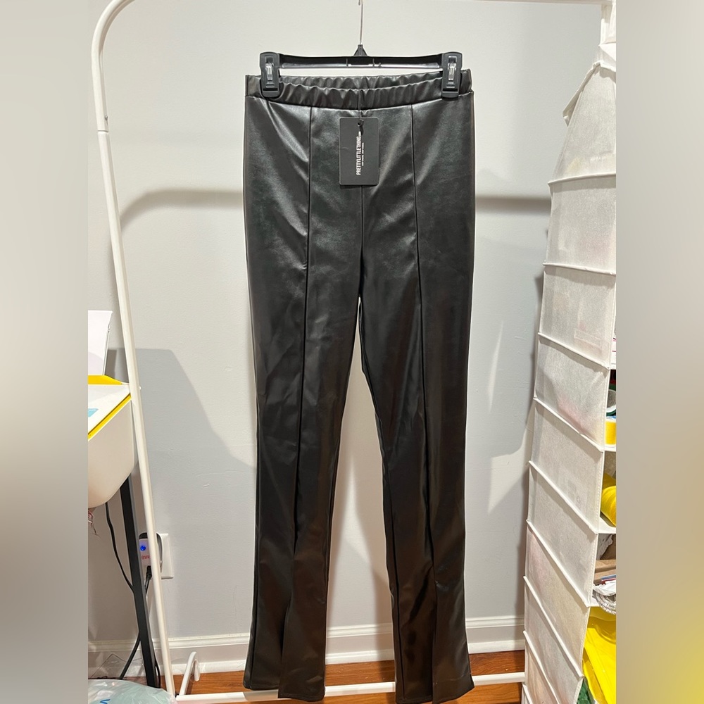Black Faux Leather Stretch Trousers with Front Splits on Each Leg by PLT